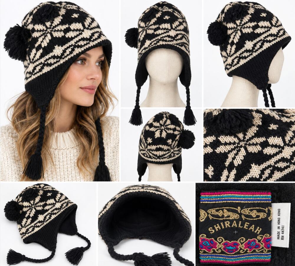 Ossi Shiraleah Y2K Knit Earflap Hat Black Cream Nordic Fair Isle Pom Pom Skiwear